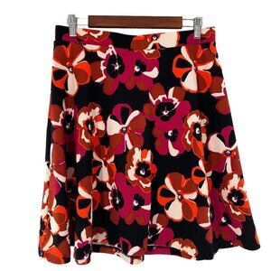 ECI New York Floral A-Line Skirt Large Black/Orange/Pink Stretch Mod Retro Artsy